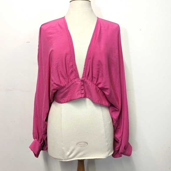 Blush Boutique Hot Pink Crop Top with Deep V and Bishop Sleeve L - Picture 1 of 10
